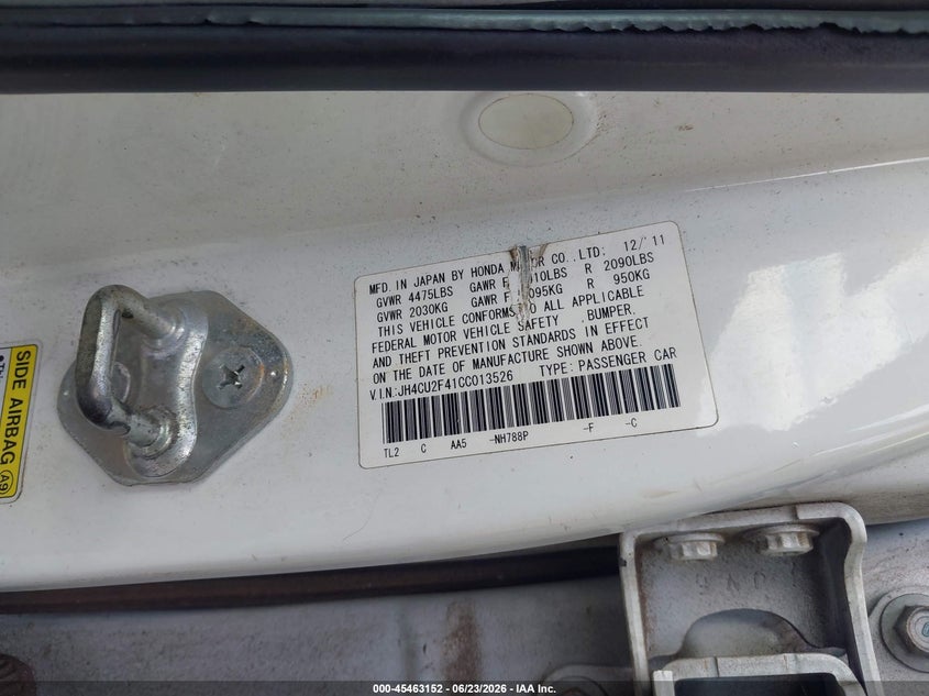 2012 Acura Tsx VIN JH4CU2F41CC013526 IAAI salvage auction — NORMAL WEAR, Repossession Paperwork (Georgia), sold $400 on 2026-07-29 (photo 9)