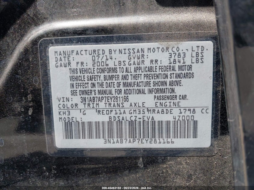 2014 Nissan Sentra VIN 3N1AB7AP7EY281166 IAAI salvage auction — NORMAL WEAR, Clear - Dealer Only (California), sold $600 on 2026-07-09 (photo 9)