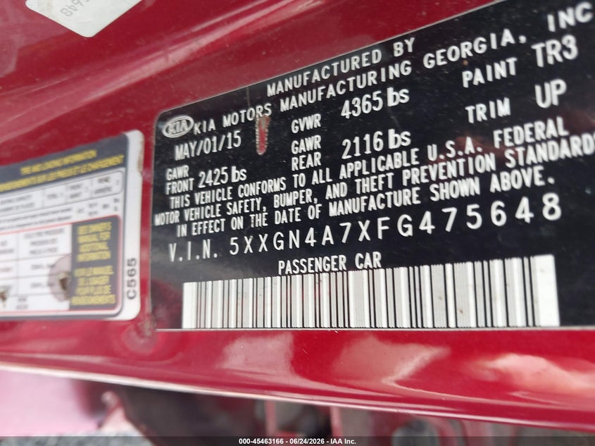 2015 Kia Optima VIN 5XXGN4A7XFG475648 IAAI salvage auction — NORMAL WEAR, Repossession Paperwork (South Carolina), sold $350 on 2026-07-14 (photo 9)