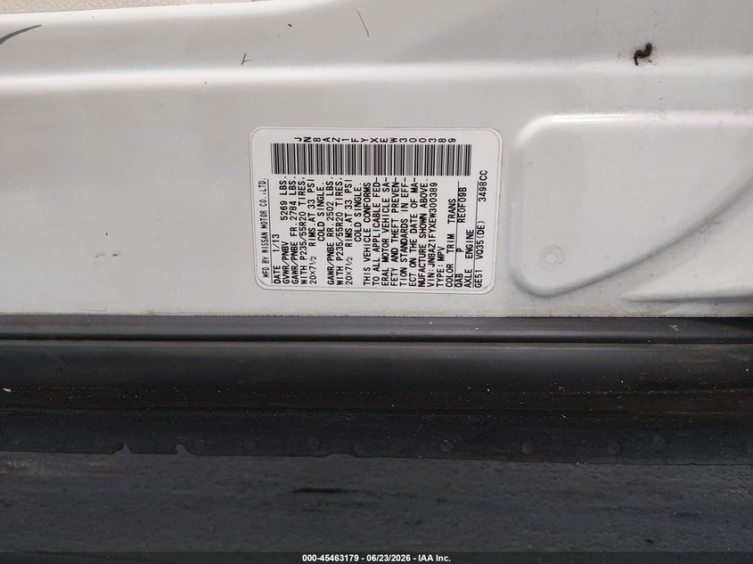 2014 Nissan Murano VIN JN8AZ1FYXEW300389 IAAI salvage auction — NORMAL WEAR, Clear (Florida), sold $225 on 2026-07-29 (photo 9)