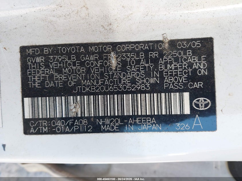 2005 Toyota Prius VIN JTDKB20U653052983 IAAI salvage auction — NORMAL WEAR, Clear (Washington), sold $550 on 2026-07-22 (photo 9)