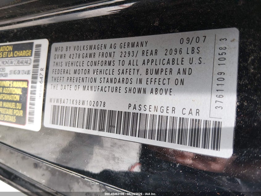 2008 Volkswagen Rabbit VIN WVWBA71K98W102078 IAAI salvage auction — NORMAL WEAR, Repossession Paperwork (Georgia), sold $350 on 2026-07-31 (photo 9)