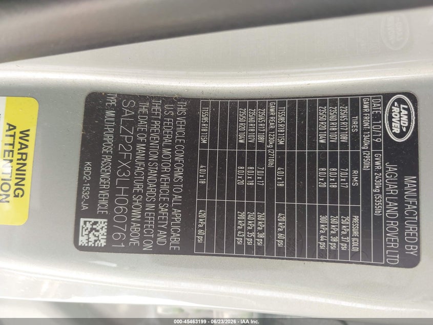 2020 Land rover Range rover evoque VIN SALZP2FX3LH060761 IAAI salvage auction — NORMAL WEAR, Original (Texas), sold $25 on 2026-07-29 (photo 9)