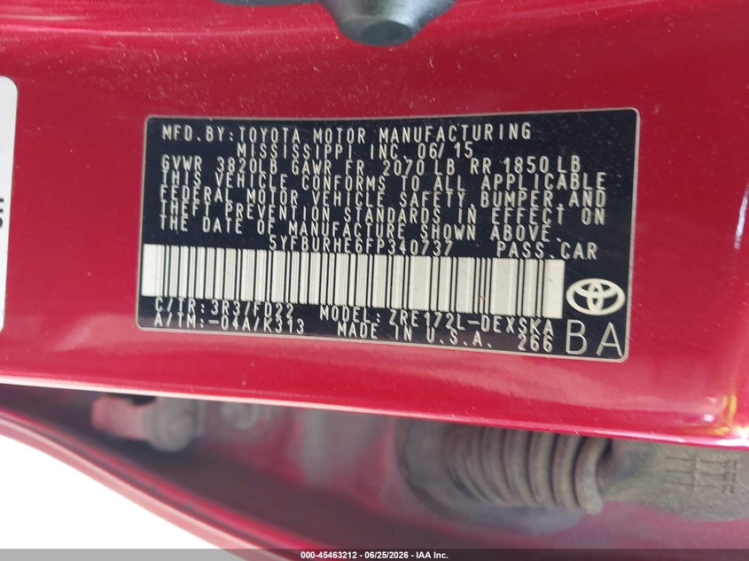 2015 Toyota Corolla VIN 5YFBURHE6FP340737 IAAI salvage auction — FRONT END, Salvage (North Carolina), sold $1,400 on 2026-07-23 (photo 9)