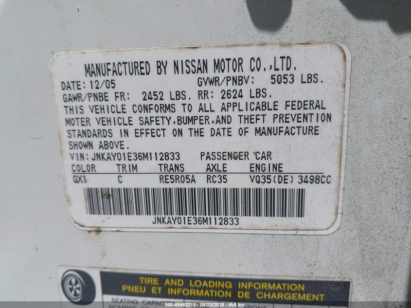 2006 Infiniti M35 VIN JNKAY01E36M112833 IAAI salvage auction — NORMAL WEAR, Repossession Paperwork (Georgia), sold $300 on 2026-07-14 (photo 9)