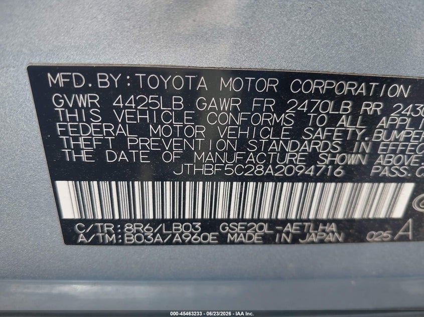 2010 Lexus Is 250 VIN JTHBF5C28A2094716 IAAI salvage auction — NORMAL WEAR, Repossession Paperwork (Georgia), sold $1,300 on 2026-07-22 (photo 9)
