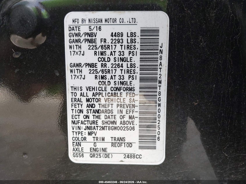 2016 Nissan Rogue sport VIN JN8AT2MT8GW002506 IAAI salvage auction — NORMAL WEAR, Original (Texas), sold $1,250 on 2026-07-27 (photo 9)