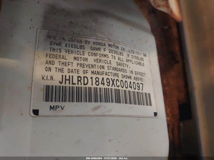 1999 Honda Cr-v VIN JHLRD1849XC004097 IAAI salvage auction — NORMAL WEAR, Clear (Michigan), sold $100 on 2026-07-14 (photo 9)