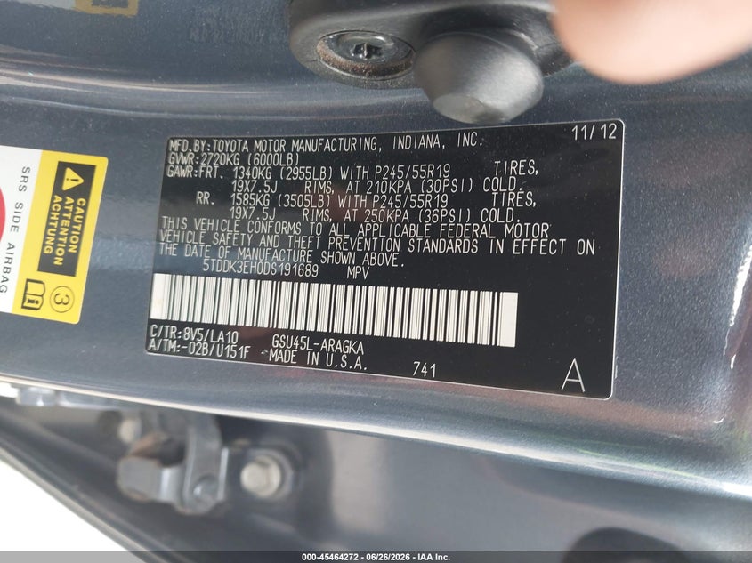 2013 Toyota Highlander VIN 5TDDK3EH0DS191689 IAAI salvage auction — FRONT END, Salvage Title, sold $5,325 on 2026-07-16 (photo 9)