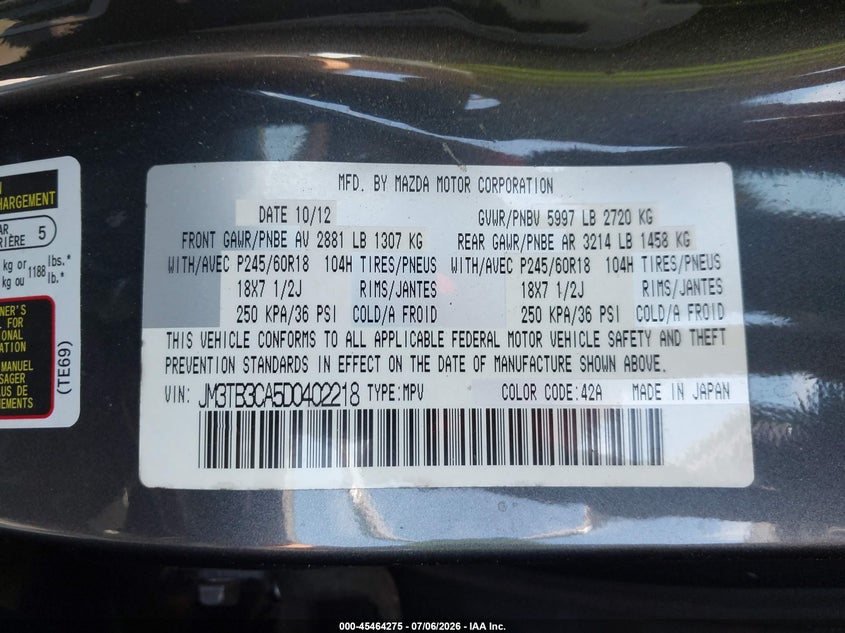 2013 Mazda Cx-9 VIN JM3TB3CA5D0402218 IAAI salvage auction — FRONT & REAR, Original (West Virginia), sold $25 on 2026-07-28 (photo 9)