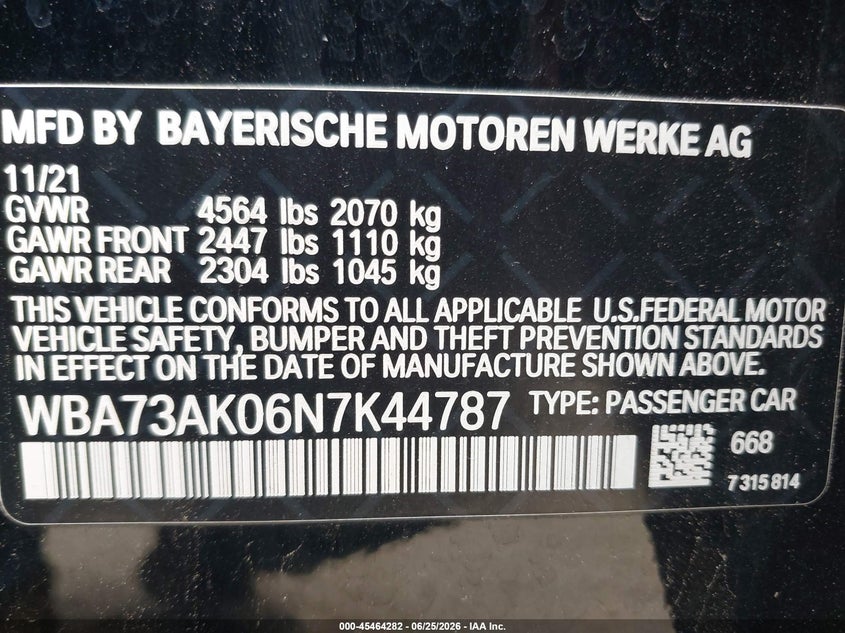 2022 BMW 2er VIN WBA73AK06N7K44787 IAAI salvage auction — ROOF, Salvage (Massachusetts), sold $8,150 on 2026-08-14 (photo 9)