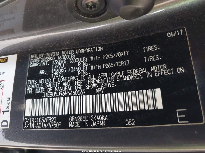2017 Toyota 4runner VIN JTEBU5JR6H5460569 IAAI salvage auction — FRONT END, Salvage (North Carolina), sold $9,100 on 2026-08-01 (photo 9)