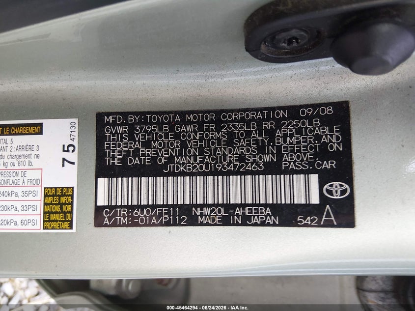 2009 Toyota Prius VIN JTDKB20U193472463 IAAI salvage auction — NORMAL WEAR, Original (Kentucky), sold $325 on 2026-07-29 (photo 9)