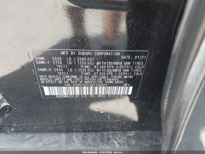 2021 Subaru Outback VIN 4S4BTGPD1M3166884 IAAI salvage auction — REAR END, Salvage (Illinois), sold $12,200 on 2026-07-27 (photo 9)