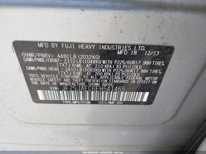 2014 Subaru Forester VIN JF2SJAEC6EH541465 IAAI salvage auction — RIGHT FRONT, Salvage Title, sold $25 on 2026-07-21 (photo 9)