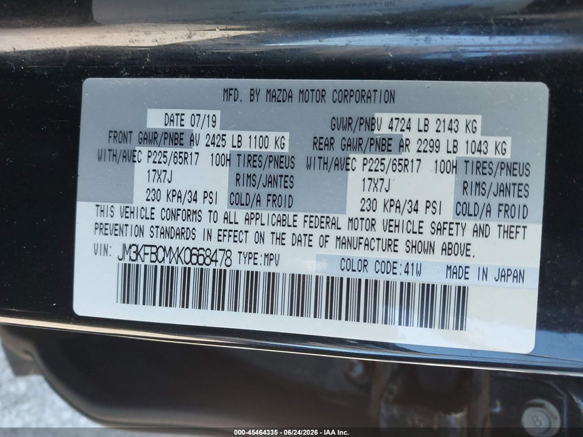 2019 Mazda Cx-5 VIN JM3KFBCMXK0668478 IAAI salvage auction — REAR END, Salvage Title, sold $2,750 on 2026-07-21 (photo 9)
