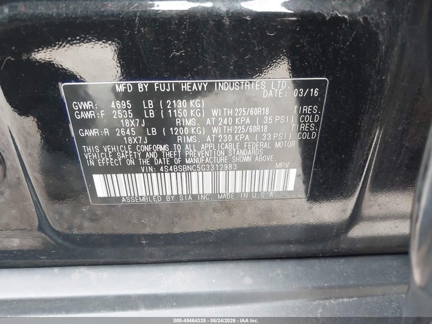 2016 Subaru Outback VIN 4S4BSBNC5G3312983 IAAI salvage auction — REAR END, Salvage (Illinois), sold $1,300 on 2026-07-28 (photo 9)