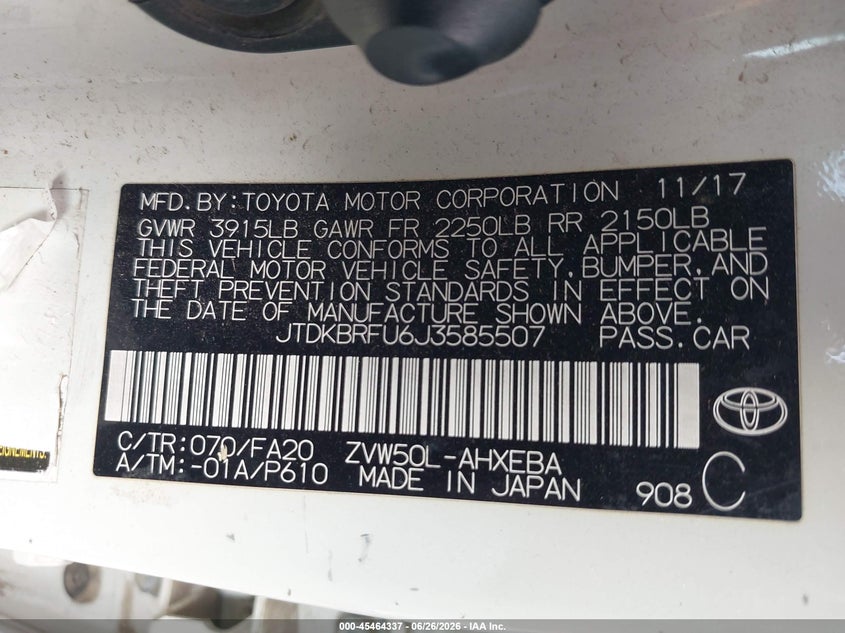 2018 Toyota Prius VIN JTDKBRFU6J3585507 IAAI salvage auction — LEFT FRONT, Clear (California), sold $6,650 on 2026-07-14 (photo 9)