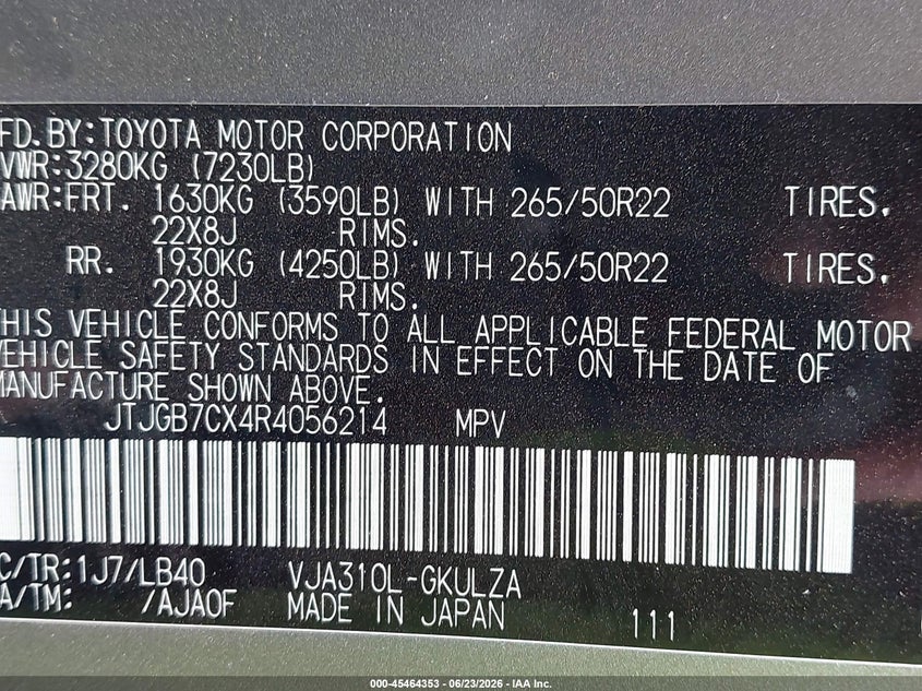 2024 Lexus VIN JTJGB7CX4R4056214 IAAI salvage auction — NORMAL WEAR, Salvage Title, sold $76,500 on 2026-07-15 (photo 9)