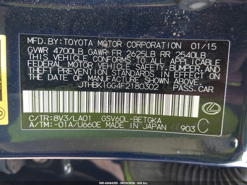 2015 Lexus ES VIN JTHBK1GG4F2180302 IAAI salvage auction — FRONT END, Salvage - 75% Or Less (Maryland), sold $3,300 on 2026-07-16 (photo 9)