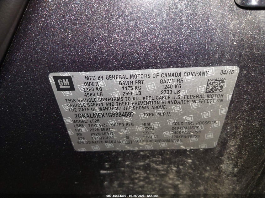 2016 Gmc Terrain VIN 2GKALMEK1G6334587 IAAI salvage auction — FRONT END, Salvage Title, sold $850 on 2026-07-19 (photo 9)