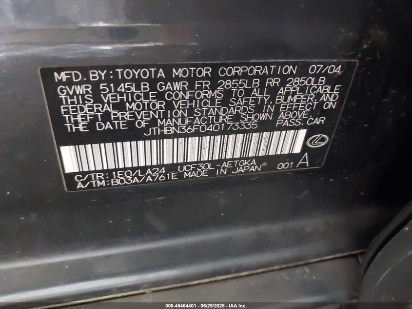 2004 Lexus Ls 430 VIN JTHBN36F040173335 IAAI salvage auction — FRONT END, Clear (Virginia), sold $900 on 2026-07-30 (photo 9)
