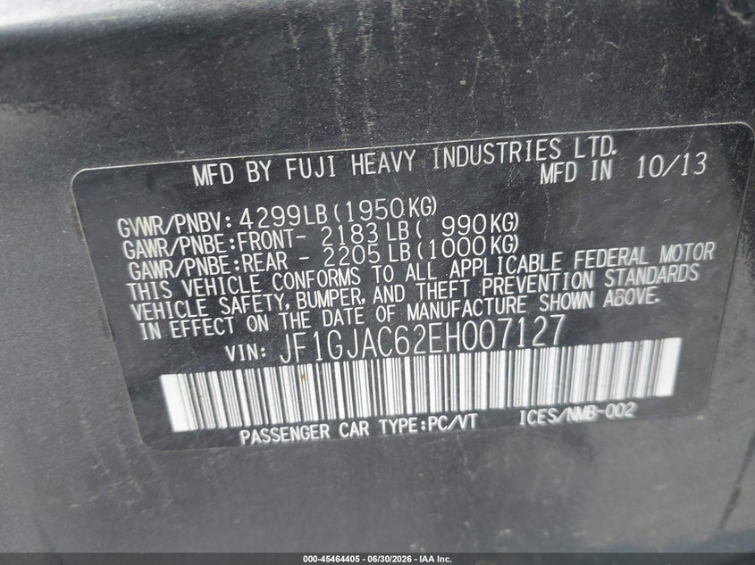 2014 Subaru Impreza VIN JF1GJAC62EH007127 IAAI salvage auction — REAR END, Salvage (Ohio), sold $525 on 2026-07-21 (photo 9)