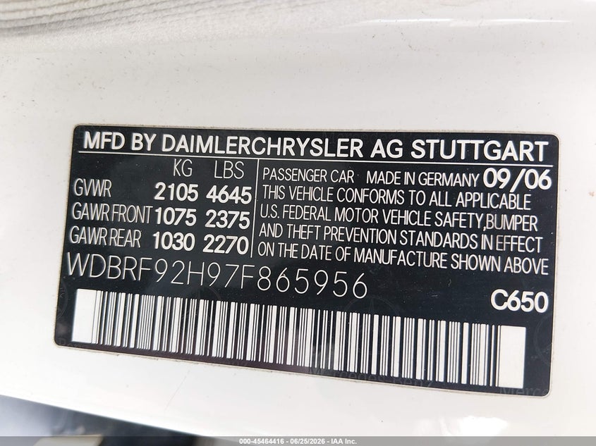 2007 Mercedes-benz C class VIN WDBRF92H97F865956 IAAI salvage auction — FRONT END, Salvage (Ohio), sold $525 on 2026-07-29 (photo 9)