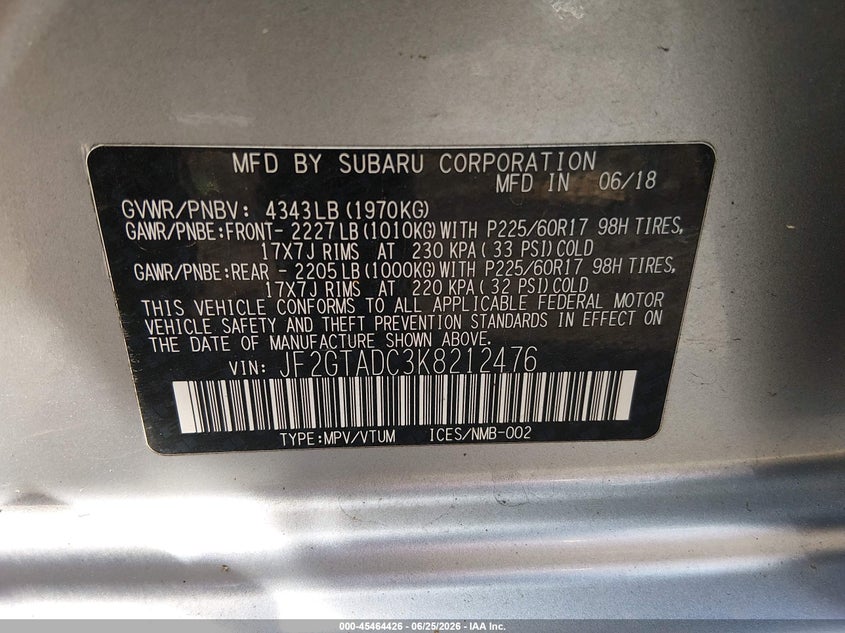 2019 Subaru Xv VIN JF2GTADC3K8212476 IAAI salvage auction — FRONT END, Salvage (Ohio), sold $1,350 on 2026-07-28 (photo 9)