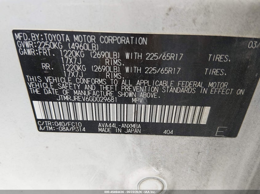 2016 Toyota Rav 4 VIN JTMRJREV6GD029681 IAAI salvage auction — FRONT END, Salvage Title, sold $5,200 on 2026-07-29 (photo 9)