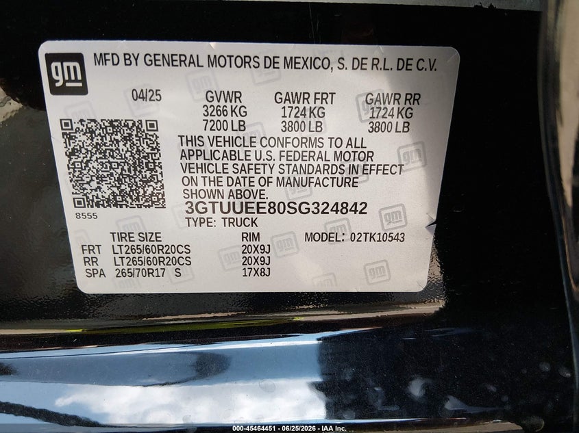 2025 Gmc SIERRA VIN 3GTUUEE80SG324842 IAAI salvage auction — FRONT END, Salvage Title, sold $24,800 on 2026-07-27 (photo 9)