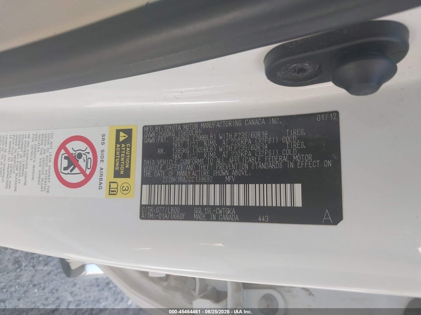 2012 Lexus Rx VIN 2T2BK1BA7CC139692 IAAI salvage auction — FRONT END, Salvage (Iowa), sold $3,050 on 2026-07-29 (photo 9)