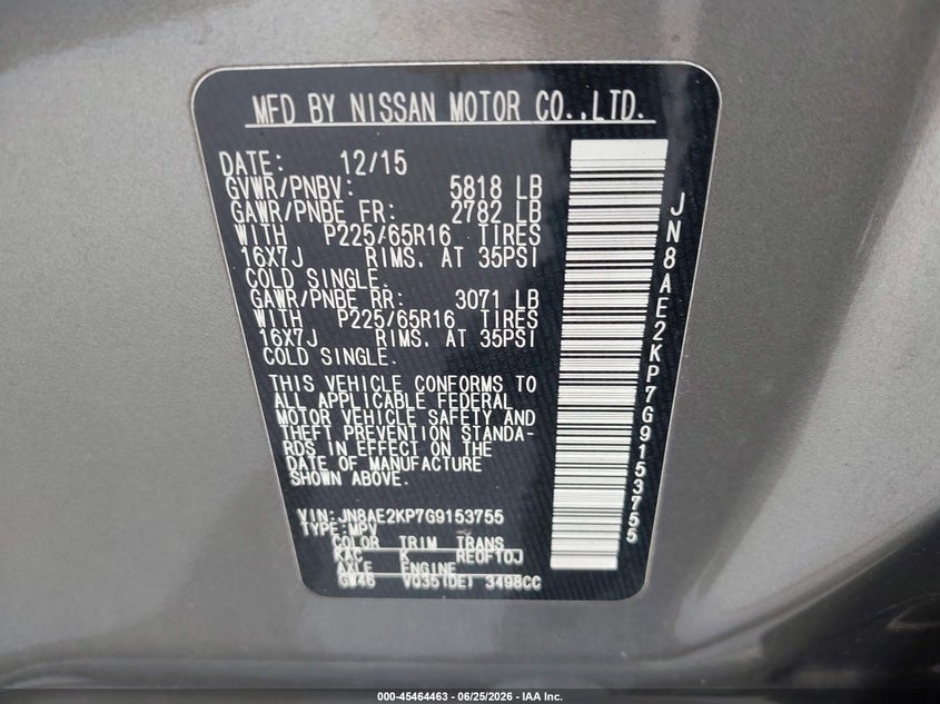 2016 Nissan Quest VIN JN8AE2KP7G9153755 IAAI salvage auction — NORMAL WEAR, Clear (Florida), sold $325 on 2026-07-22 (photo 9)
