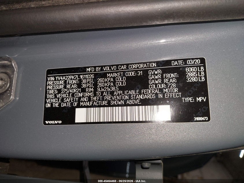 2020 Volvo Xc90 VIN YV4A22PK7L1611026 IAAI salvage auction — SIDE, Salvage (Pennsylvania), sold $15,025 on 2026-07-30 (photo 9)