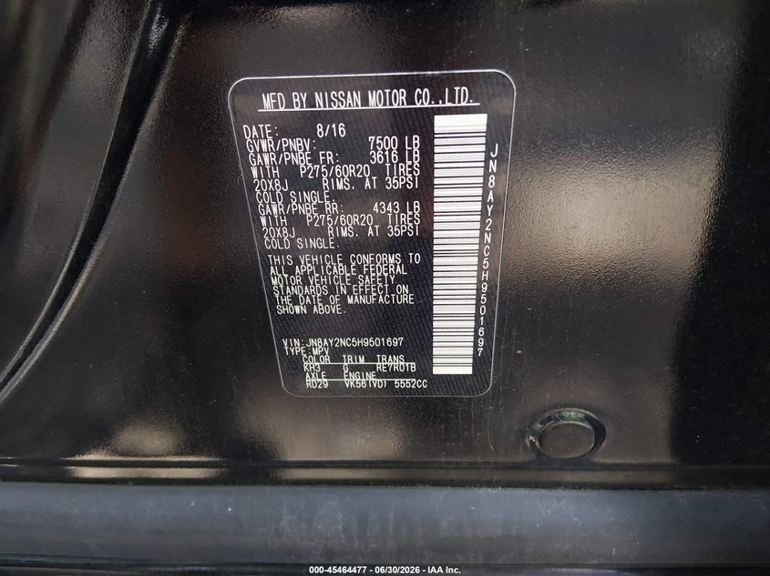 2017 Nissan Armada VIN JN8AY2NC5H9501697 IAAI salvage auction — FRONT END, Salvage (Virginia), sold $25 on 2026-07-28 (photo 9)