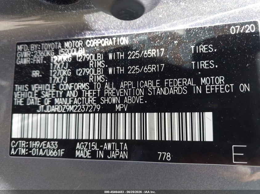 2021 Lexus Nx VIN JTJDARDZ9M2237279 IAAI salvage auction — FRONT END, Salvage (Idaho), sold $7,700 on 2026-07-11 (photo 9)