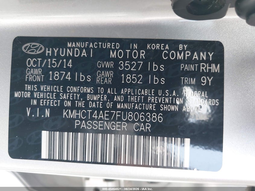 2015 Hyundai Accent VIN KMHCT4AE7FU806386 IAAI salvage auction — REAR END, Salvage (Texas), sold $450 on 2026-07-21 (photo 9)
