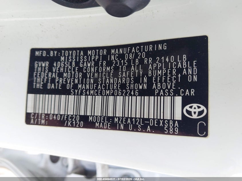 2021 Toyota Corolla VIN 5YFS4MCE0MP062246 IAAI salvage auction — RIGHT SIDE, Salvage (Georgia), sold $5,900 on 2026-07-30 (photo 9)