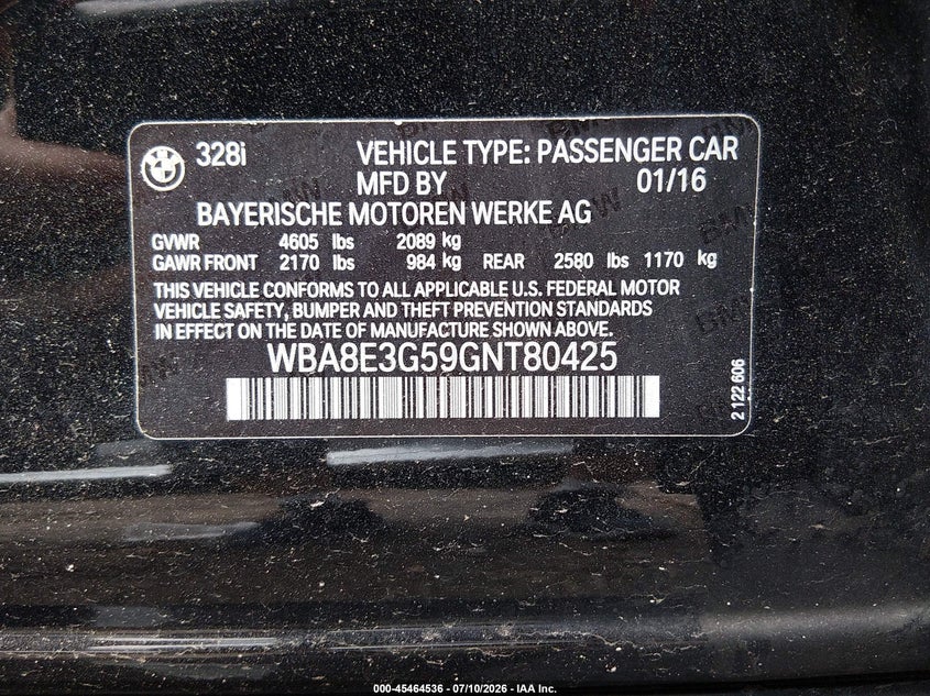 2016 BMW 3er VIN WBA8E3G59GNT80425 IAAI salvage auction — FRONT & REAR, Salvage Title, sold $2,900 on 2026-08-05 (photo 9)