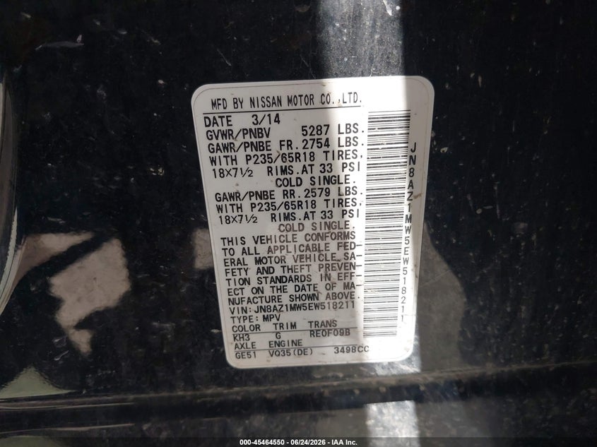 2014 Nissan Murano VIN JN8AZ1MW5EW518211 IAAI salvage auction — FRONT & REAR, Salvage (Ohio), sold $800 on 2026-07-07 (photo 9)