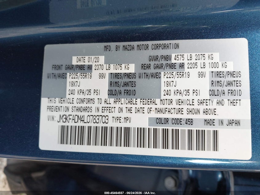 2020 Mazda Cx-5 VIN JM3KFADM4L0783703 IAAI salvage auction — FRONT END, Wait Title, sold $7,300 on 2026-10-03 (photo 9)