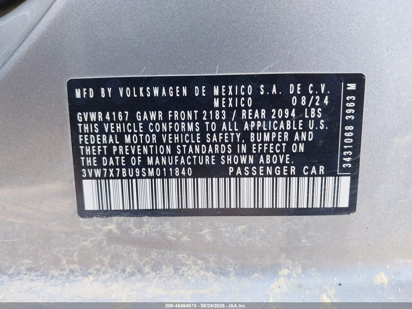 2025 Volkswagen Jetta VIN 3VW7X7BU9SM011840 IAAI salvage auction — REAR END, Salvage (Minnesota), sold $10,500 on 2026-08-24 (photo 9)