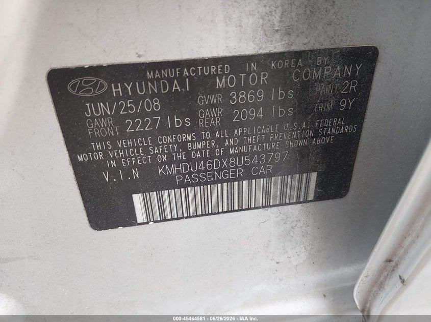 2008 Hyundai Elantra VIN KMHDU46DX8U543797 IAAI salvage auction — SIDE, Clear (Massachusetts), sold $300 on 2026-07-10 (photo 9)
