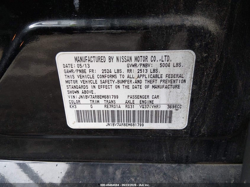 2014 Infiniti Q50 VIN JN1BV7AR8EM681799 IAAI salvage auction — NORMAL WEAR, Clear (Virginia), sold $750 on 2026-07-10 (photo 9)