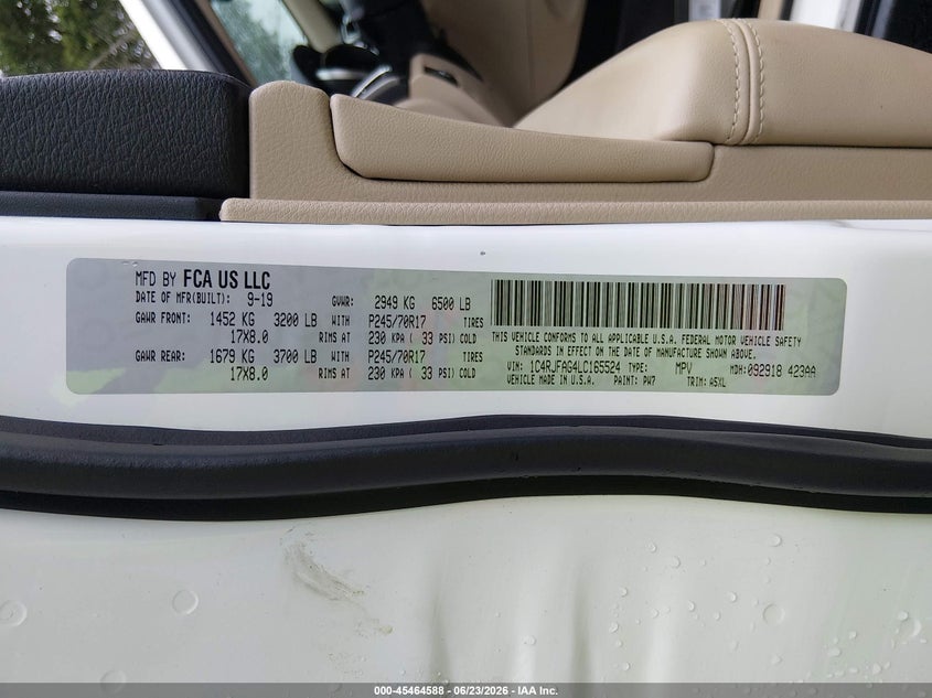 2020 Jeep Grand cherokee VIN 1C4RJFAG4LC165524 IAAI salvage auction — NORMAL WEAR, SF97 (Virginia), sold $13,600 on 2026-07-31 (photo 9)