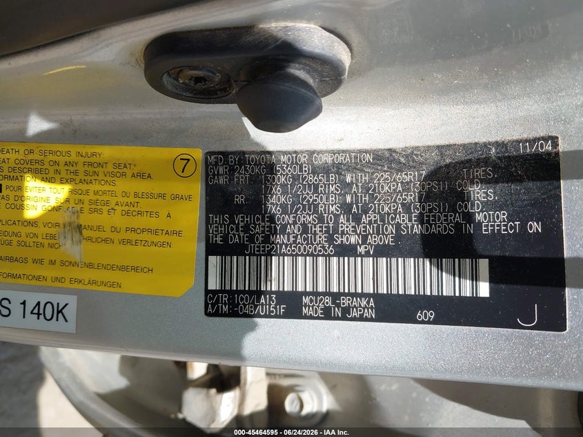 2005 Toyota Highlander VIN JTEEP21A650090536 IAAI salvage auction — NORMAL WEAR, Original (New Hampshire), sold $875 on 2026-07-29 (photo 9)