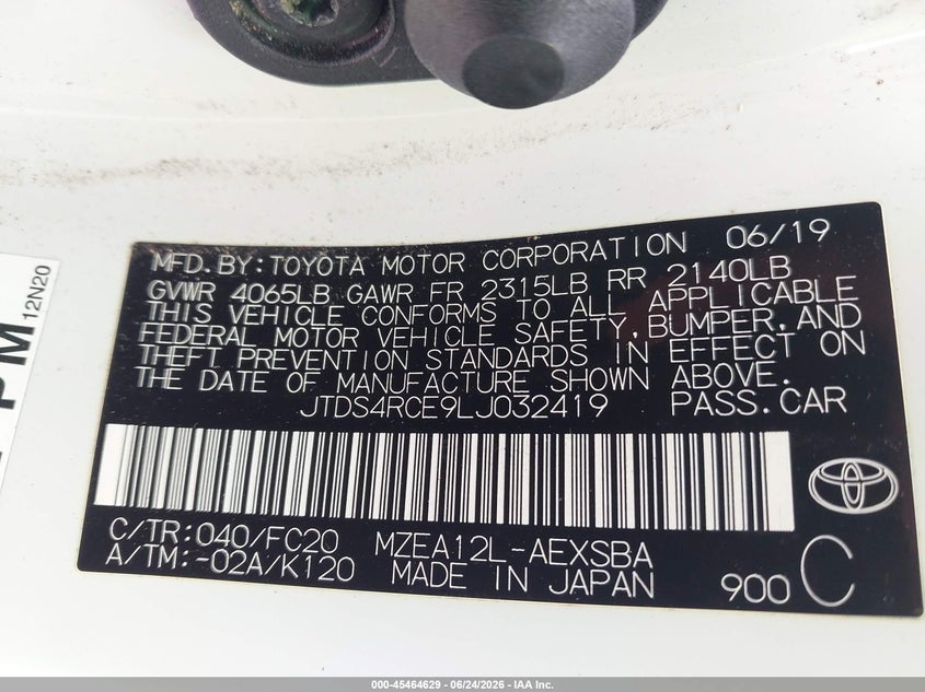 2020 Toyota Corolla VIN JTDS4RCE9LJ032419 IAAI salvage auction — FRONT END, Salvage (Texas), sold $4,500 on 2026-07-20 (photo 9)