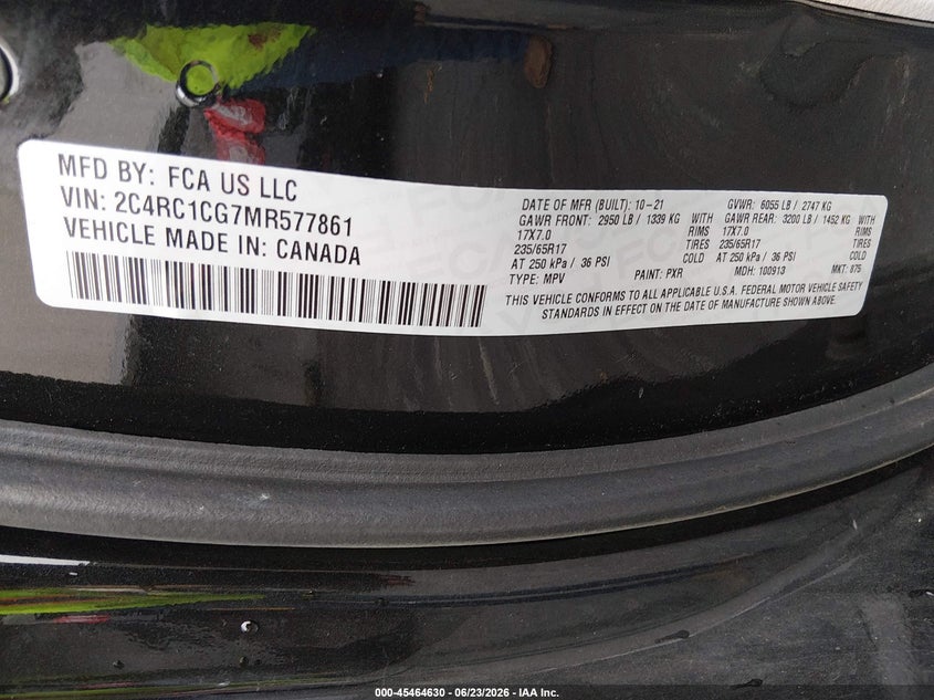 2021 Chrysler Voyager VIN 2C4RC1CG7MR577861 IAAI salvage auction — NORMAL WEAR, SF97 (Virginia), sold $7,100 on 2026-07-22 (photo 9)