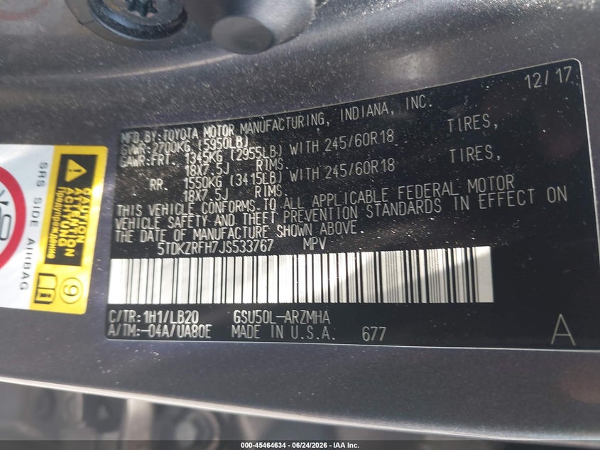 2018 Toyota Highlander VIN 5TDKZRFH7JS533767 IAAI salvage auction — RIGHT FRONT, Salvage (Idaho), sold $8,700 on 2026-07-15 (photo 9)