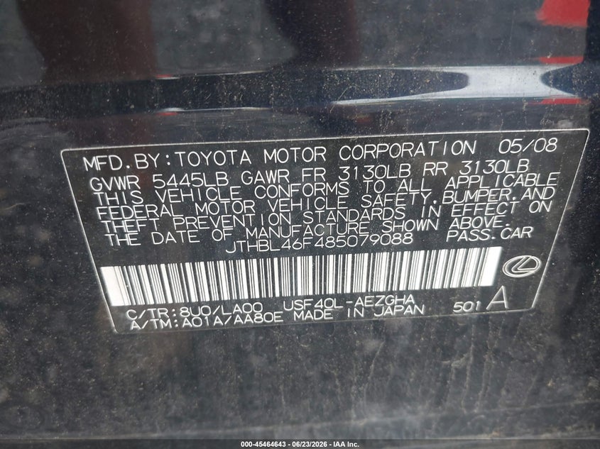 2008 Lexus Ls 460 VIN JTHBL46F485079088 IAAI salvage auction — NORMAL WEAR, Clear (Connecticut), sold $825 on 2026-07-28 (photo 9)